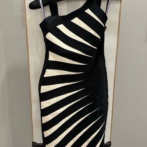 Herve Leger Black and Beige One Shoulder Dress